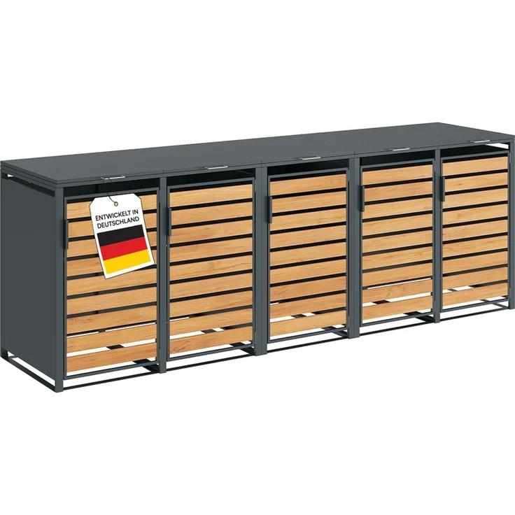 STEELSØN 'Kestra' Mülltonnenbox 5er je 240 Liter, anthrazit mit Holzoptik, Mülltonnenverkleidung aus Stahl, wetterfest, 116x80x337 cm, Müllbox für 5 Tonnen – Bild 1