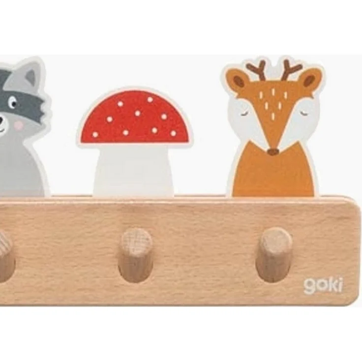 goki 60662 - Garderobe Waldfreunde aus Holz, Kindergarderobe mit 5 Haken, Niedliche Waldmotive Fuchs, Waschbär, Reh, Hakenleiste für Kinderzimmer, Fördert Ordnung und Selbstständigkeit, ab 1 Jahr – Bild 3