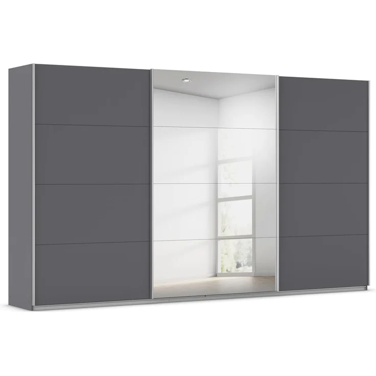 Rauch Möbel Kulmbach, Kleiderschrank mit Schwebetüren für Schlafzimmer, Kinderzimmer, Jugendzimmer, Garderobe, Flur, 3-türig, mit Spiegel, Zubehör Classic, Farbe Grau metallic, Schwarz, Breite 360 cm