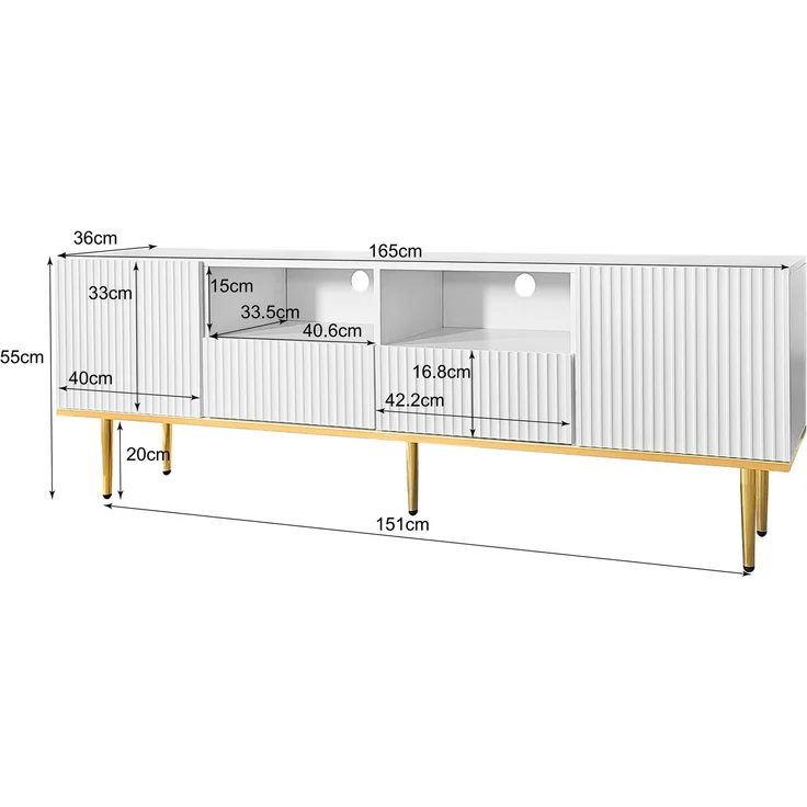TV-Schrank 165 cm Weiß mit Gold, Lowboard Sideboard Wohnzimmerschrank, 2 Schubladen, 2 offene Fächer – Bild 9