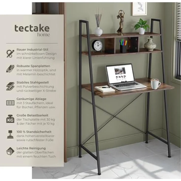 tectake Schreibtisch Computertisch Exeter 85,5x46,5x140cm (1-St, 1 tlg), Rustikaler Schreibtisch im schnörkellosen Industrial Style – Bild 3