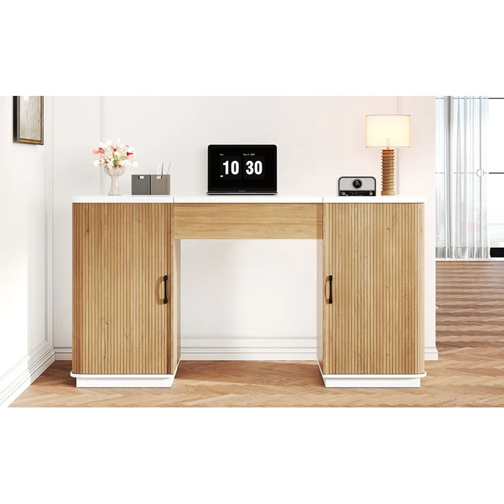 ZUBALIYA Höhenverstellbarer Schreibtisch, 140 × 50 cm, mit großzügigem Stauraum, ausgestattet mit 2 Schubladen und 2 offenen Fächern, Computertisch, Schminktisch, weiß/Eichenoptik, mit Streifenmuster – Bild 16