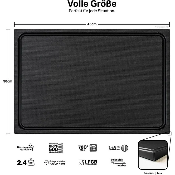 MUVELL Schneidebrett Kunststoff, Schwarz, 45x30x2 cm, mit Saftrille, EXTRA dick, Kunststoff, (Stück, 1-St, Schneidebrett), messerschonend,Saftrille,Extra Dick – Bild 2
