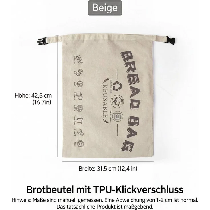JASLIFE Brottasche Brotbeutel wiederverwendbar mit Clipverschluss, Baumwolle, waschbar, (Einzelstück, 2er Set, 1-tlg, 1-teilig), wiederverwendbar, leicht zu reinigen, praktisch im Alltag – Bild 2