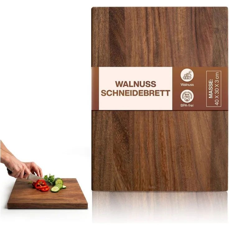 PEGSEN Schneidebrett Premium Küchenbrett Hackblock Holzschneidebrett 40x30x3cm, Massivholz, Nussbaum, mit rutschfesten Standfüßen, Servierbrett & Tranchierbrett – Bild 1