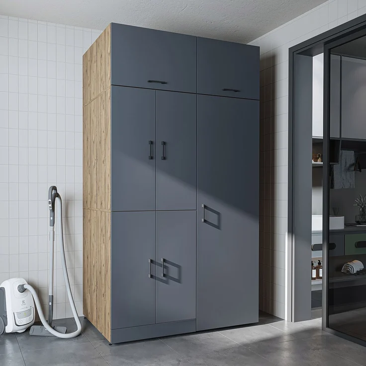 Roomart Waschmaschinenschrank- DORA-II- 130 cm breit – Waschmaschinen- & Trockner-Überbau mit Türen und Ausziehplatte, Bad & Waschküche • Anthrazit-Eiche – Bild 2