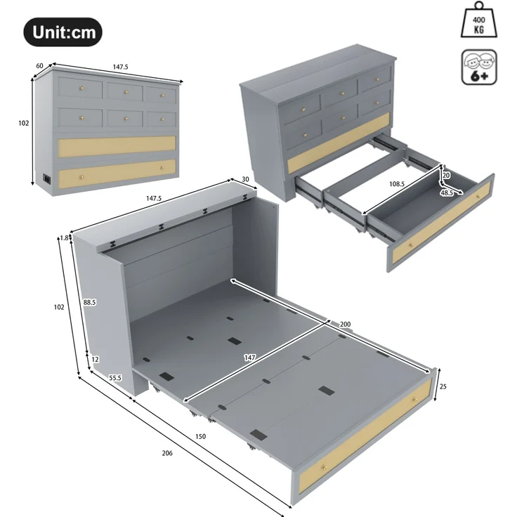 Schrankbett, 140 x 200, Mobiles Schrankbett mit Schubladen am Bettende und Regal am Kopfende des Bettes, mit USB und Steckdose, Umbaubares Plattformbett, Ohne Matratze, Grau – Bild 5