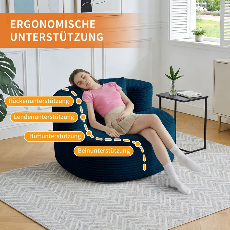 Großer Cord-Sitzsack-Sessel mit Zierkissen, weich gepolsterter Loungesitz 112 cm ohne Montage für Wohn- und Schlafzimmer, Blau – Bild 11