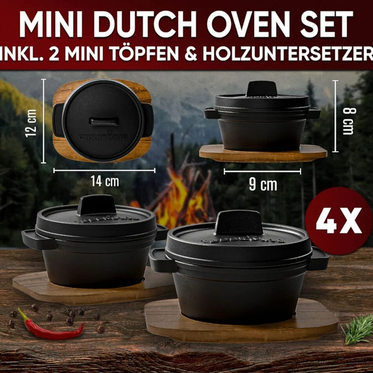 4er Mini Dutch Oven Set aus Gusseisen – mit Holzuntersetzern & Rezeptbuch, 300 ml Portionsgröße, für Grill, Backofen & Herd – Bild 3