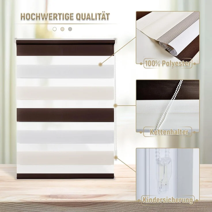 Deswell Doppelrollo Klemmfix ohne Bohren Weiß-beige-braun B90 x H130 cm (Stoffbreite 86cm) Rollos für Fenster ohne Bohren für Fenster mit Lichtdurchlässig & Verdunkelnd/Höhe Stufenlos Verstellbar – Bild 1