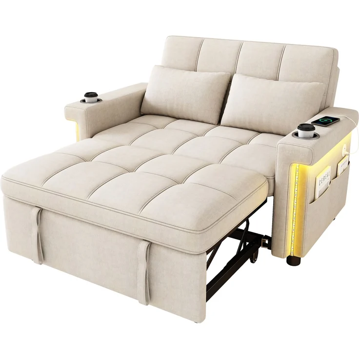 Merax 2-Sitzer Sofa, Schlafsofa mit Schlaffunktion, LED-Beleuchtung, USB/Type-C-Ladeanschluss, verstellbare Rückenlehne, Kissen, Getränkehalter, Seitentasche, Chenille Stoff, Beige – Bild 10