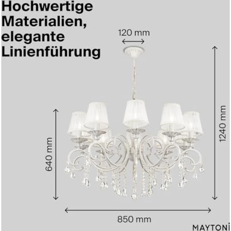 Maytoni Grace Kronleuchter 10 x E14, Vintage Hängelampe in Weiß/Gold mit Kristallen, höhenverstellbar für Wohnzimmer, Esszimmer, Schlafzimmer – Bild 5