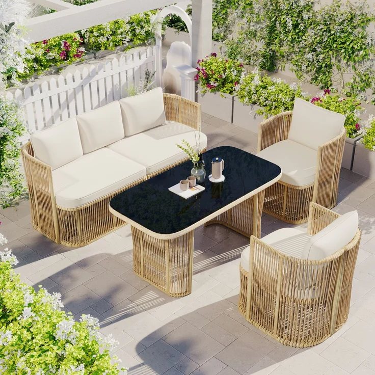 Merax 5-teiliges Gartenmöbel Set, PE Rattan Garten-Loungesessel-Set mit 3-Sitzer Sofa, 2 Sessel & Glastisch – mit Polyester Kissen, Stahlrahmen & gehärteter Glasplatte, Beige – Bild 6