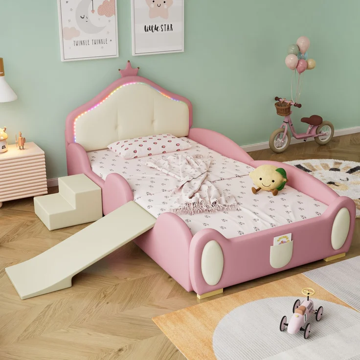 Merax Polsterbett 90x200cm, Crown Cartoon Bett, Mit Multi-Mode-LED-Streifen, Kinderbett mit kleiner Rutsche und Treppe, mit schützenden weichen Kanten, mit Holzlatten, PU, Rosa + Beige – Bild 2
