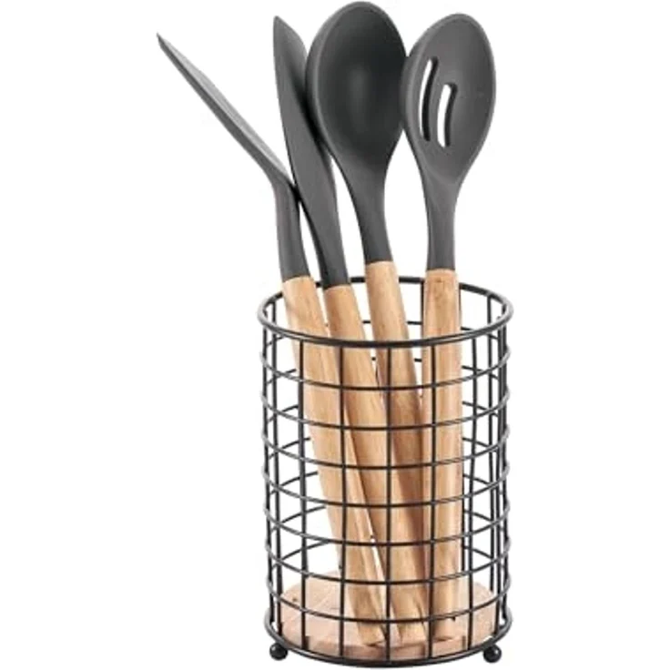MSV Besteckhalter MSV Besteckkorb Edelstahl Besteckabtropfkorb Besteckhalter 12,5 cm, Aufbewahrung Utensilien Küche + Büro, Bistro-Look, Metall + Bambus – Bild 4