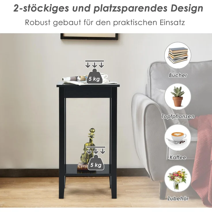 COSTWAY Beistelltisch mit Regal, 2-stöckiger hoher Sofatisch mit 4 Massivholzbeinen, Rechteckiger Ablagetisch Flurtisch Holz, Pflanzentisch Holztisch für Wohnzimmer Schlafzimmer (Schwarz) – Bild 4