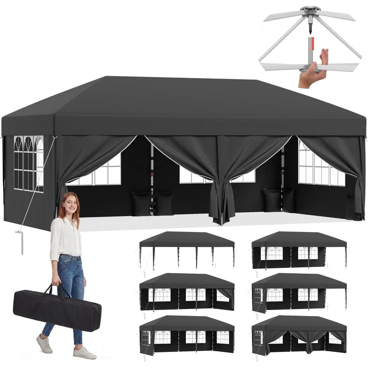 JUMMICO Pop up Pavillon 3x6 wasserdicht stabil Winterfest, One-Touch-Aufbau, Faltpavillon mit Seitenwänden, UV 50+, Shelter ideal für Garten, Innenhof, Camping und Partyzelte. Dunkelgrau