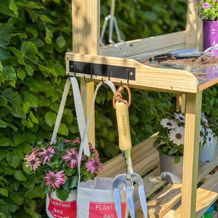 UNUS GARDEN Pflanztisch Mülleimer Bambus natur Papierkorb 3er Set (1-St, 78 x 36 x 131 cm (LxBxH), Pflanztisch aus Holz mit verzinkter Arbeitsplatte – Bild 3