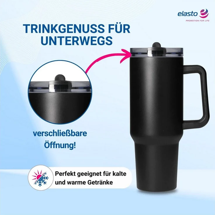 elasto Becher Edelstahl Trinkbecher mit Deckel und Strohhalm 1,2 Liter, isoliert, robust, für unterwegs – Bild 2