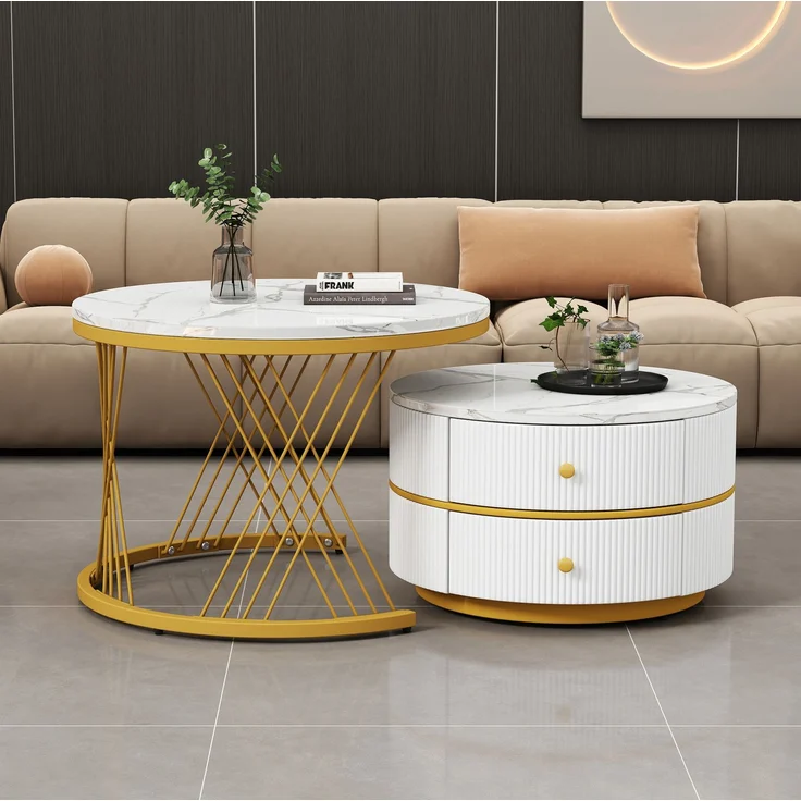2-teiliges Couchtisch-Set mit Marmoroptik, runde Beistelltische mit Schubladen, Hochglanz Weiß, MDF Wohnzimmertische Set – Bild 2