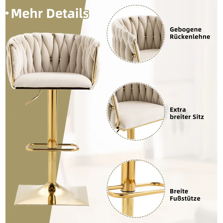 LVHOM Barhocker 2er Set, 360° drehbare moderne Samt-Barstühle, drehbare Küchenhocker, goldene Stuhlbeine – Bild 4