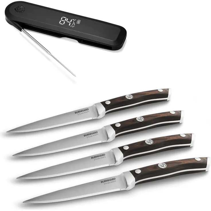 BURNHARD Steakmesser-Set 4-tlg mit Einstich-Thermometer, klappbar, Schwarz, Braun