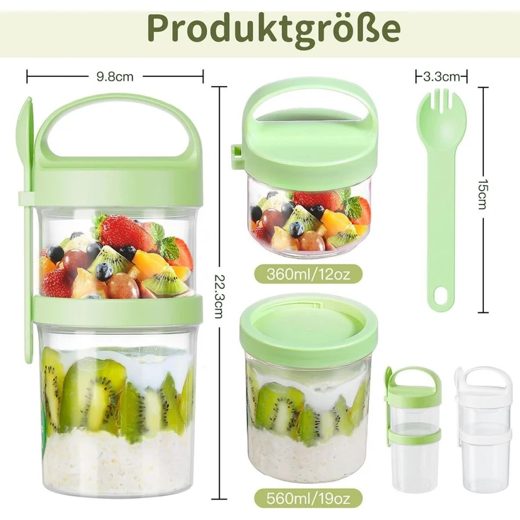 Elegear Müslibox Müslibecher to Go, Joghurtbecher, Doppelschicht Müslibecher mit Löffel, Polypropylen, (2-tlg, 1 × Löffel, 1 × Müslibecher(560+360ml), Lunchtopf für Müsli, Mikrowellen- und Spülmaschinenfest, Grün – Bild 3
