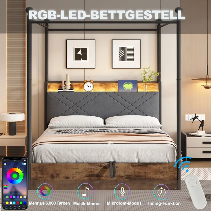 Bett 140x190 cm mit Stauraum und LED-Beleuchtung – Smart-Himmelbett mit USB- und Type-C-Anschlüssen
