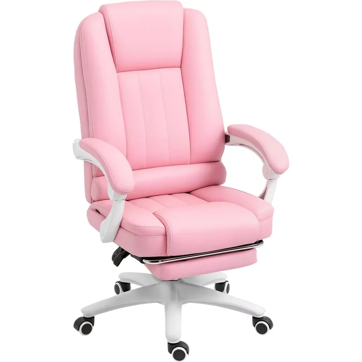 MELAYR, Bürostuhl mit Fußstütze, verstellbare Rückenlehne, höhenverstellbar, 5 Rollen, Rosa + Weiß, 65 x 68 x 116 cm