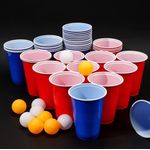 Beer Pong Becher Set mit 50 Bechern und 5 Bällen, Kunststoff rot / blau, 473 ml