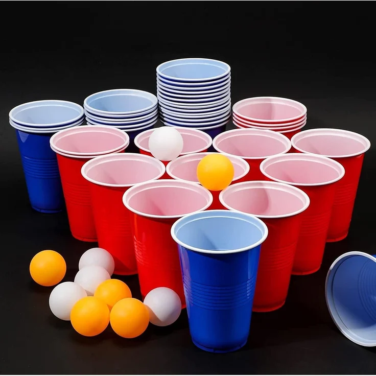 Beer Pong Becher Set mit 50 Bechern und 5 Bällen, Kunststoff rot / blau, 473 ml – Bild 1