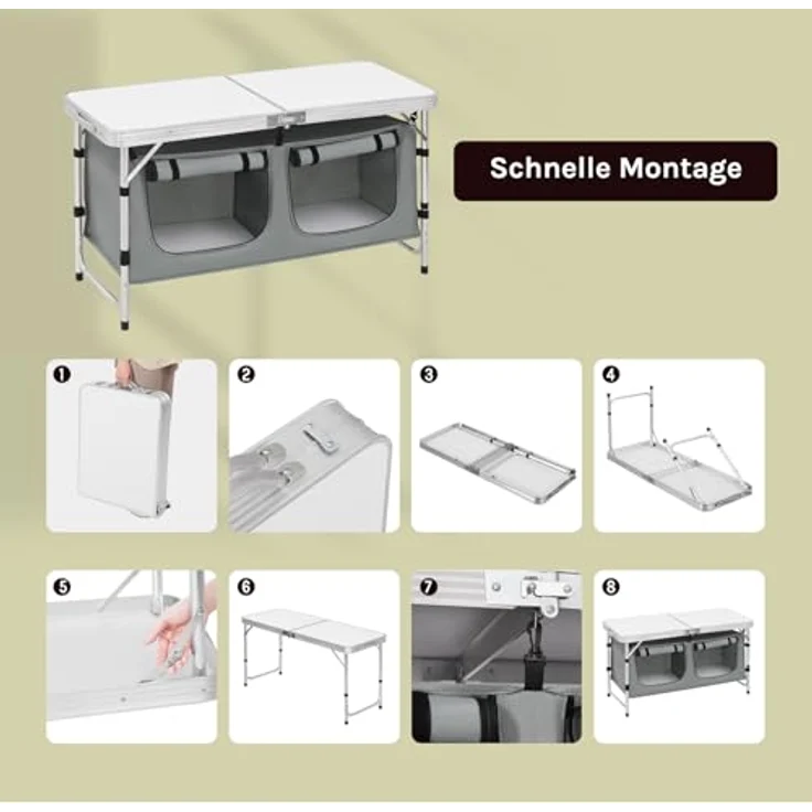 WOLTU faltbar Campingschrank Alu Campingtisch Höhenverstellbar mit Stauraum, Outdoor Campingmöbel Klapptisch Gartentisch für Picknick Strand im Freien, Weiß+Grau – Bild 9