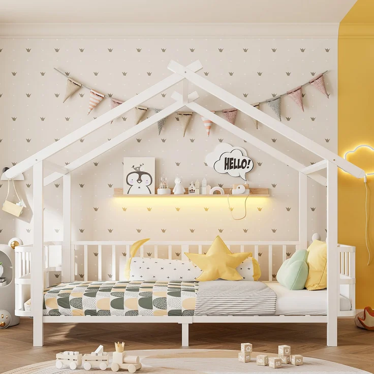 ZUBALIYA Kinderbett 90 × 200 cm, Metall, Schutzgitter, Weiß – Bild 2