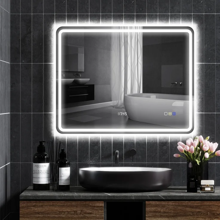 MELAYR, Badezimmerspiegel mit LED-Beleuchtung, Anti-Beschlags-Pad, 3 verstellbare Farben, Uhr, 700 x 900 mm, Silber – Bild 4