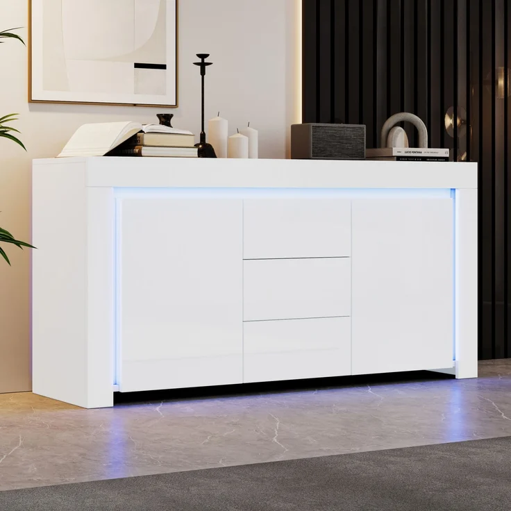 Merax Sideboard, Kommode mit 3 Schubladen, 2 Türen, Hochglanz Beistellschrank mit LED-Lichtleiste, Wohnzimmerschrank mit Stauraum, Weiß – Bild 2
