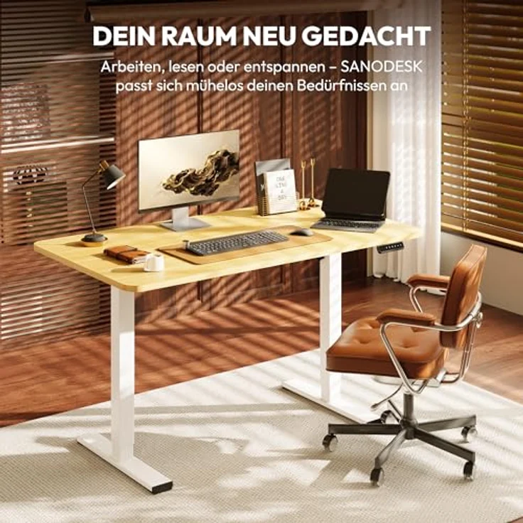 SANODESK Höhenverstellbarer Schreibtisch KOMPLETTE TISCHPLATTE Schreibtisch Höhenverstellbar Elektrisch Ergonomischer Steh-Sitz Tisch Computertisch für Heimbüro Homeoffice 120x60 cm(ahorn) – Bild 5