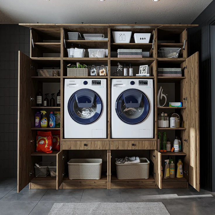 Roomart Waschmaschinenumbauschrank & Schrankwand für Waschküche - SERIE 1 - | 224 cm breit | Waschmaschine & Trockner | Mit Ausziehbrett | Hauswirtschaftsraum Möbel • Eiche – Bild 4