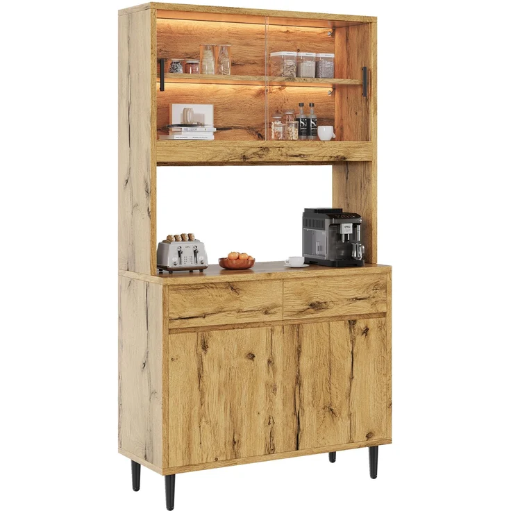 Buffetschrank 100x40x185 cm aus Holzwerkstoff in Eiche mit Glastüren, LED-Lichtleiste und Steckdosen – Bild 7