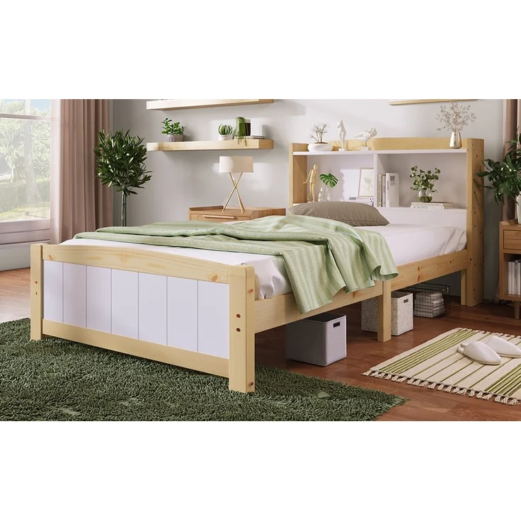 Bett 90x200 cm mit Stauraum-Kopfteil aus Massivholz, weiß – platzsparendes Einzelbett mit Lattenrost – Bild 1