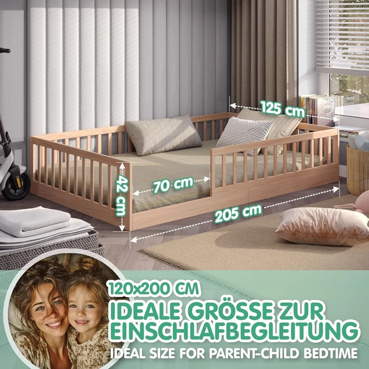 CADANI Kinderbett Timi Bodenbett bis 200 kg belastbar mit abnehmbarem Rausfallschutz (120x200 cm, Montessori Kinder- & Jugendbett aus Kiefer Massivholz), inkl. stabilem Roll-Lattenrost, Natur – Bild 2