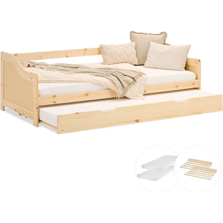 Holzbett 90x200 cm mit 2 Matratzen Tagesbett Ausziehbett Jugendbett Kinderbett Natur Kojenbett Gästebett Funktionsbett