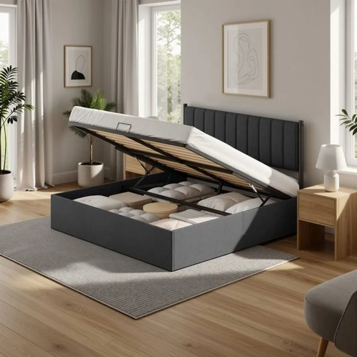VASAGLE Bettgestell, 180 x 200 cm, hochklappbar Lattenrost, Stauraum unter dem Bett, mit Kopfteil, beige – Bild 2