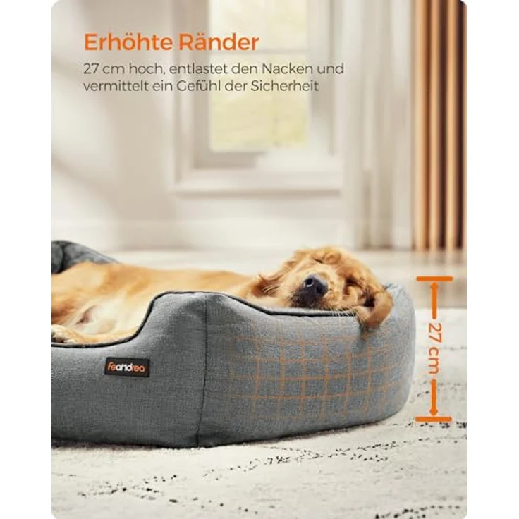 Feandrea Hundebett, Hundekissen in Leinenoptik, Hundekorb, erhöhte Ränder, rutschfeste Unterseite, Bezug abnehmbar waschbar, XL, für große Hunde, 110 x 75 x 27 cm, hellgrau PGW12GG – Bild 4