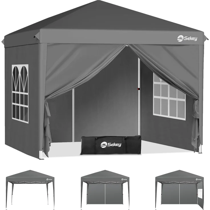 Sekey Pop Up Pavillon 2x2 m mit Seitenwänden, Faltpavillon Wasserdicht Stabil Winterfest, Partyzelt Pavillion für Garten Camping & Party, Pavillons Höhenverstellbar, Anthrazit