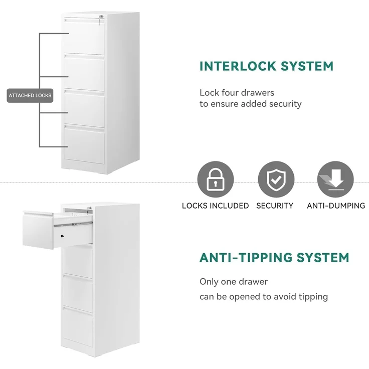 YITAHOME Aktenschrank mit 4 Abschließbaren Schubladen, Kippsicherer Rollender Aktenschrank mit Rädern für das Büro zu Hause, Unter-Pult-Aktenschränke, weiß, 62 x 45.8 x 133 cm – Bild 4
