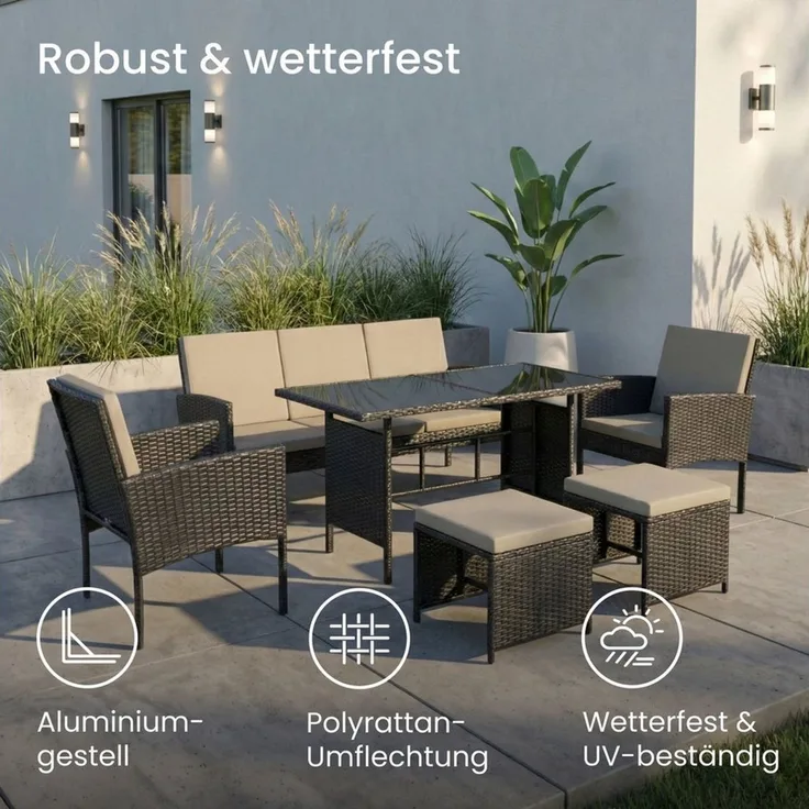 Home Collective Gartenlounge-Set Gartenmöbel Set 7-Sitzer Outdoor Sitzgruppe Möbel Lounge Polyrattan, (inkl. Esstisch mit gehärteter Glasplatte), 3-Sitzer Sofa, 2 Stühle, 2 Hocker Polyrattan Schwarz graue Kissen