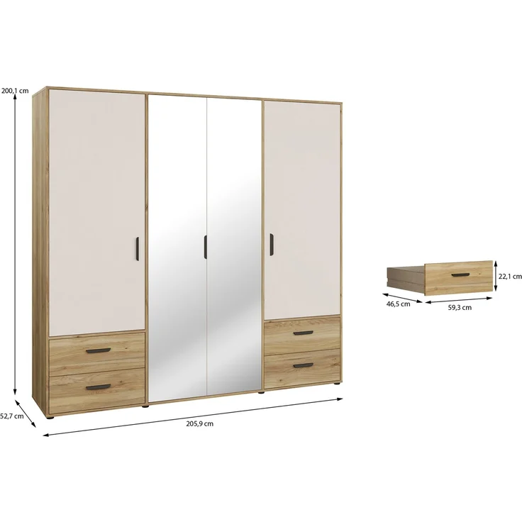 Forte MOKKARO Kleiderschrank 200, moderner Drehtürenschrank, 4-türig, 4 Schubladen, Spiegel, Mauvella Eiche Holzdekor|Kaschmir Beige, 205,9 cm breit x 200,1 cm hoch x 52,7 cm tief – Bild 6