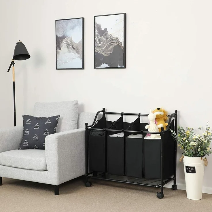 Songmics Wäschesammler auf Rollen mit 4 Fächern, Polyester Grau, 4x35 L / 87,5 x 38,5 x 67/81 cm – Bild 2