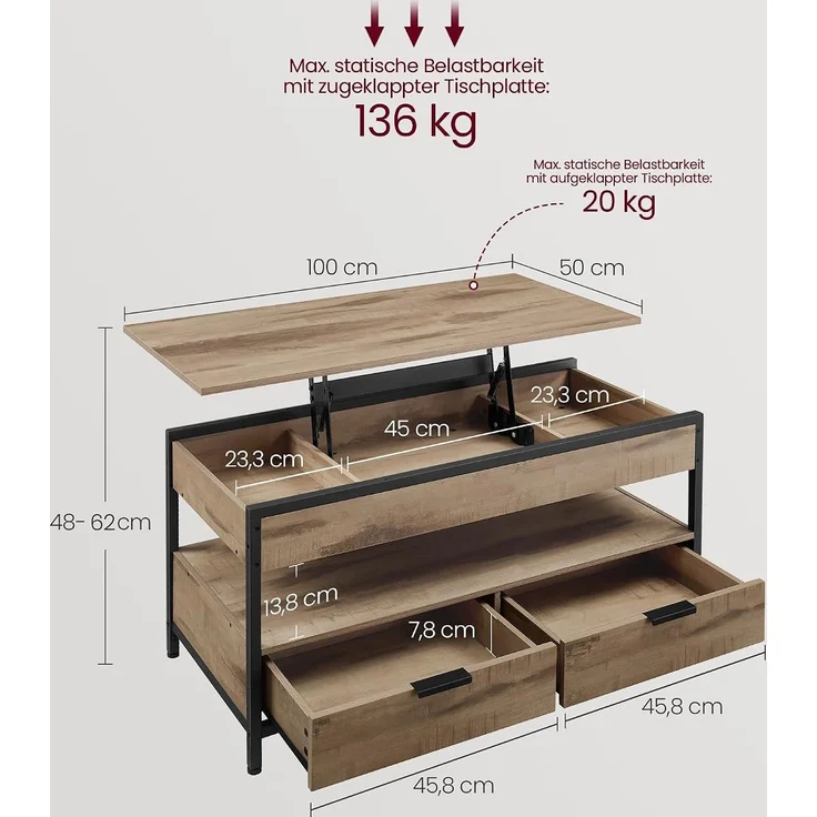 Vasagle Couchtisch, höhenverstellbarer Wohnzimmertisch, Kaffeetisch, mit Schubladen, offenes Fach,50x100 x (48-63)cm， kamelbraun-schwarz – Bild 3