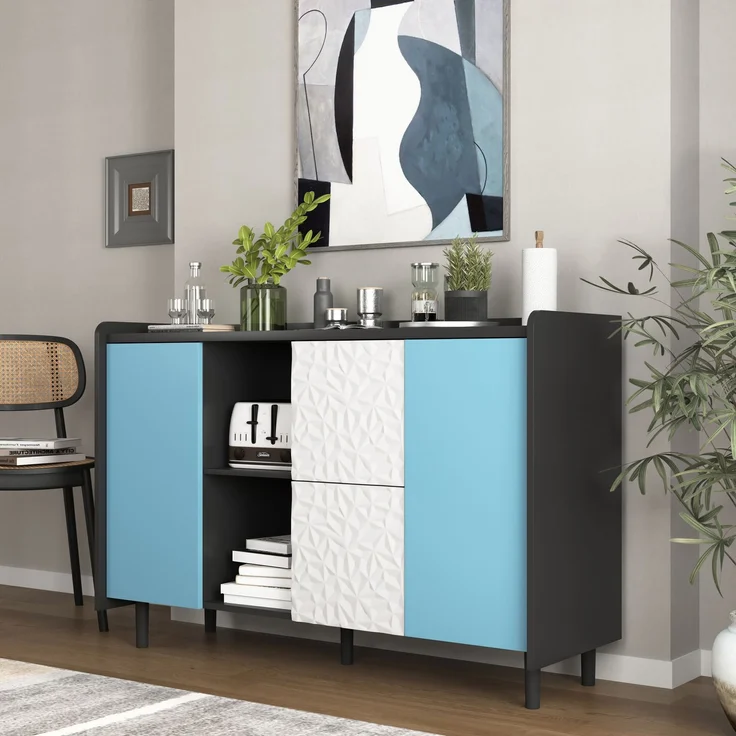 Schwarzes Sideboard-Buffetschrank mit blauen Türen – 2 Schubladen und offener Stauraum für Küche und Wohnzimmer – Bild 1